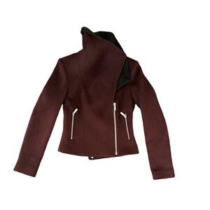 Bcbgmaxazria Moto style wool blend pea coat jacket burgundy XXS